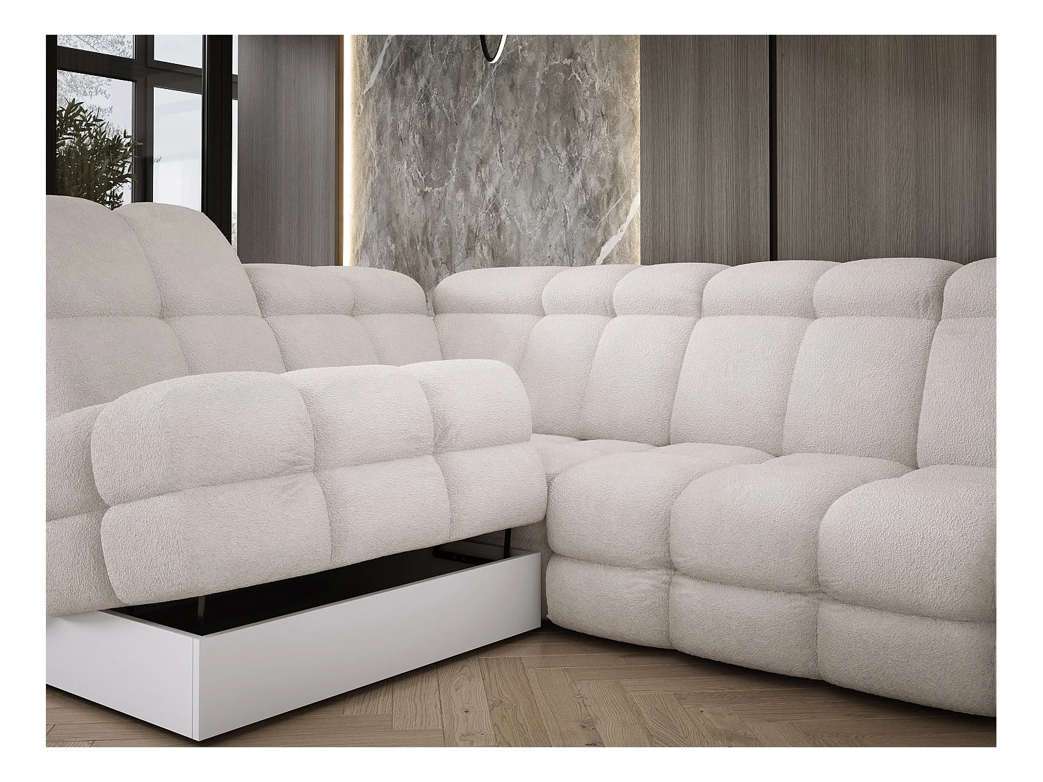 Narożnik Tollo Biały Anthology, Lewa 302x217x105 cm, L-kształtny, Spanie, Pojemnik 120x85x17 cm, Elektryczna Regulacja