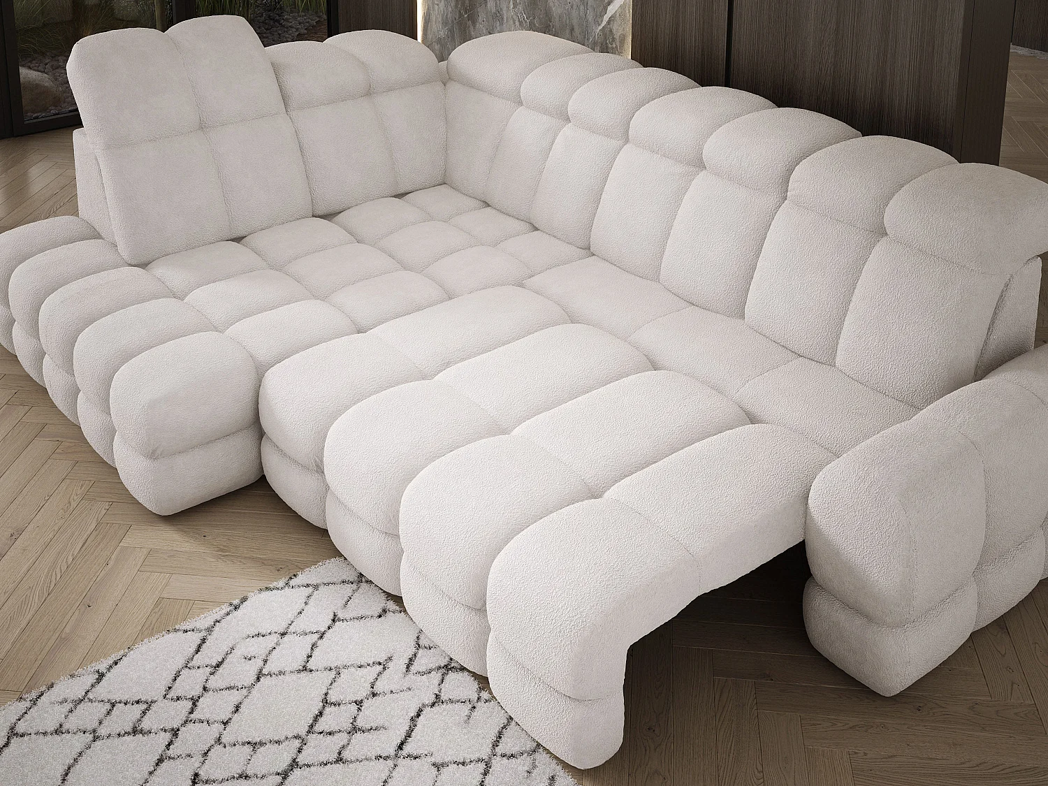 Canapé d'angle Tollo Blanc tissu Anthology côté gauche 302x217x105 cm, forme L, convertible, coffre 120x85x17 cm, réglable électriquement