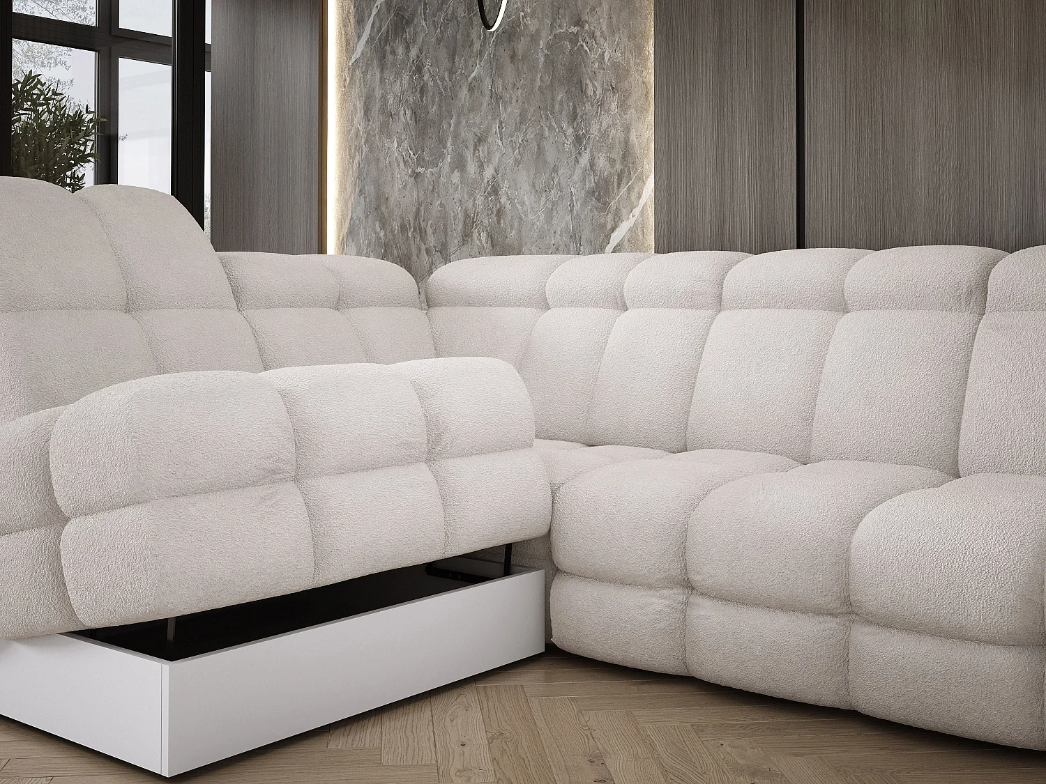 Canapé d'angle Tollo Blanc tissu Anthology côté gauche 302x217x105 cm, forme L, convertible, coffre 120x85x17 cm, réglable électriquement