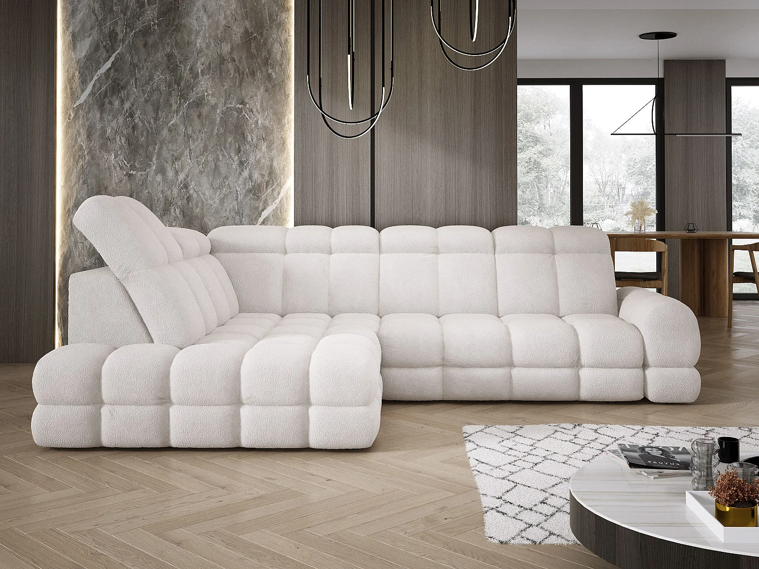 Canapé d'angle Tollo Blanc tissu Anthology côté gauche 302x217x105 cm, forme L, convertible, coffre 120x85x17 cm, réglable électriquement