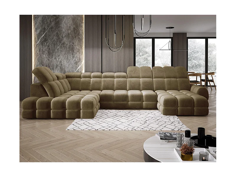 Ecksofa Tollo Olivgrün Salvador-Stoff Links 400x217x105 cm, U-Form, Schlaffunktion, Bettkasten 120x85x17 cm, elektrisch verstellbar