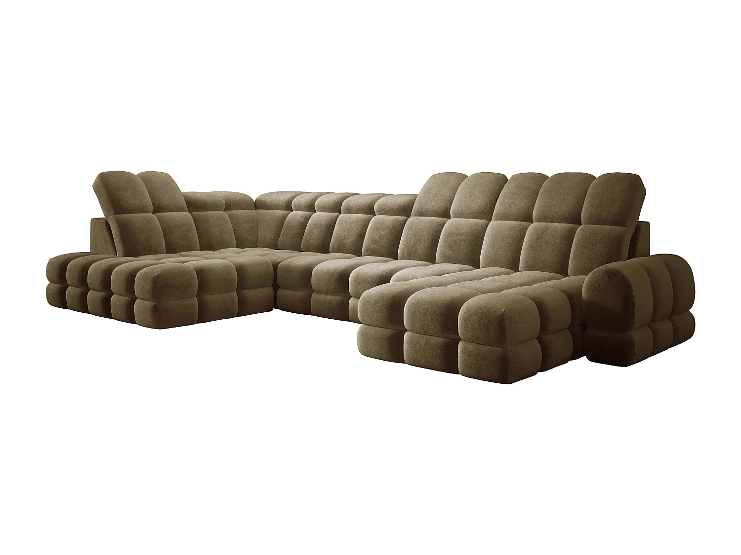 Canapé d’angle Tollo Vert olive tissu Salvador côté gauche 400x217x105 cm, U-Form avec couchage, coffre 120x85x17 cm, réglable électriquement