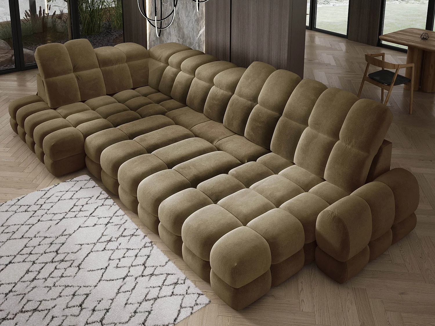 Canapé d’angle Tollo Vert olive tissu Salvador côté gauche 400x217x105 cm, U-Form avec couchage, coffre 120x85x17 cm, réglable électriquement