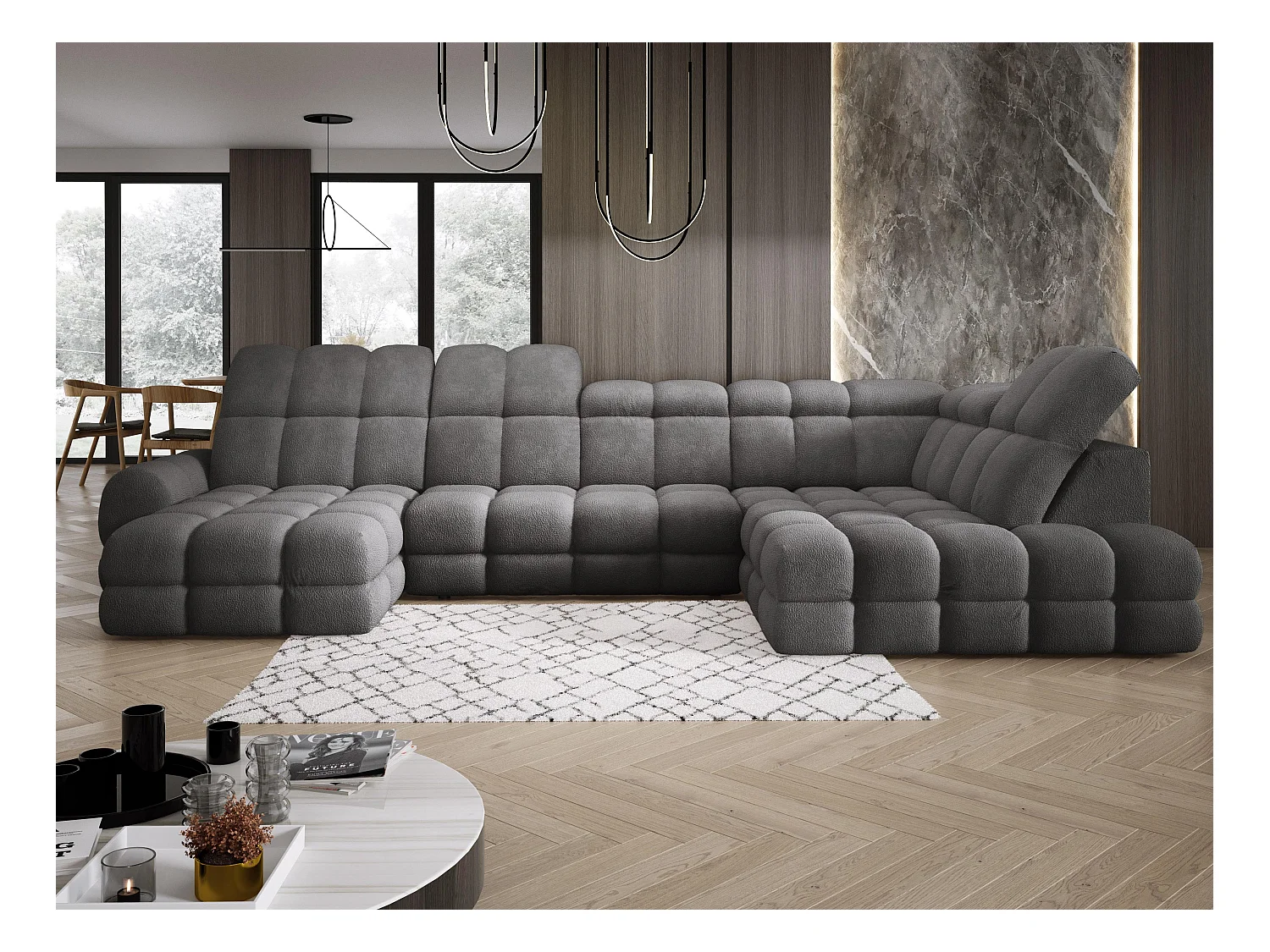 Canapé d’Angle Tollo Graphite Tissu Anthology Côté Droit 400x217x105 cm, Forme U, Convertible, Coffre 120x85x17 cm, Réglable Électrique