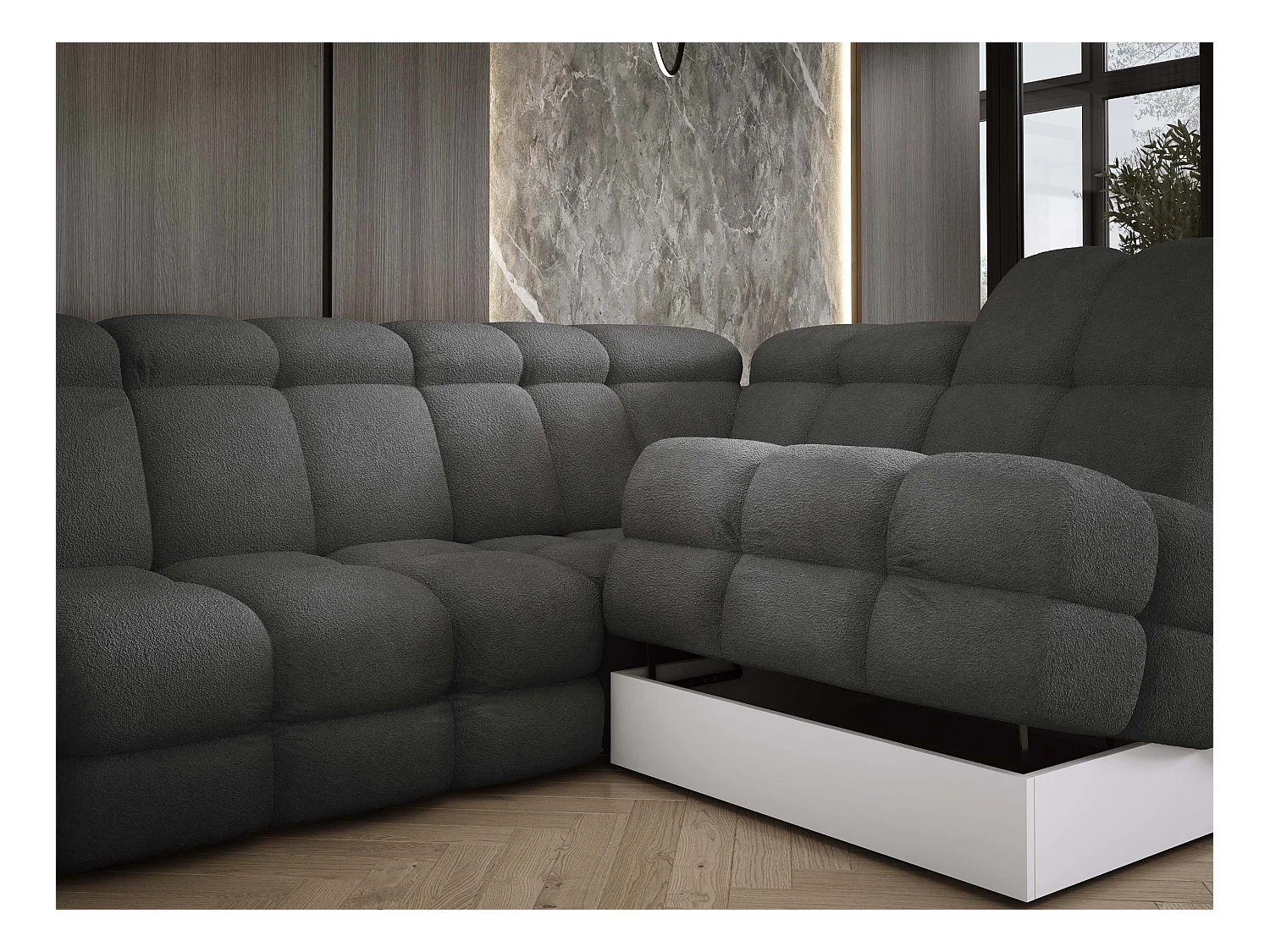 Canapé d’Angle Tollo Graphite Tissu Anthology Côté Droit 400x217x105 cm, Forme U, Convertible, Coffre 120x85x17 cm, Réglable Électrique