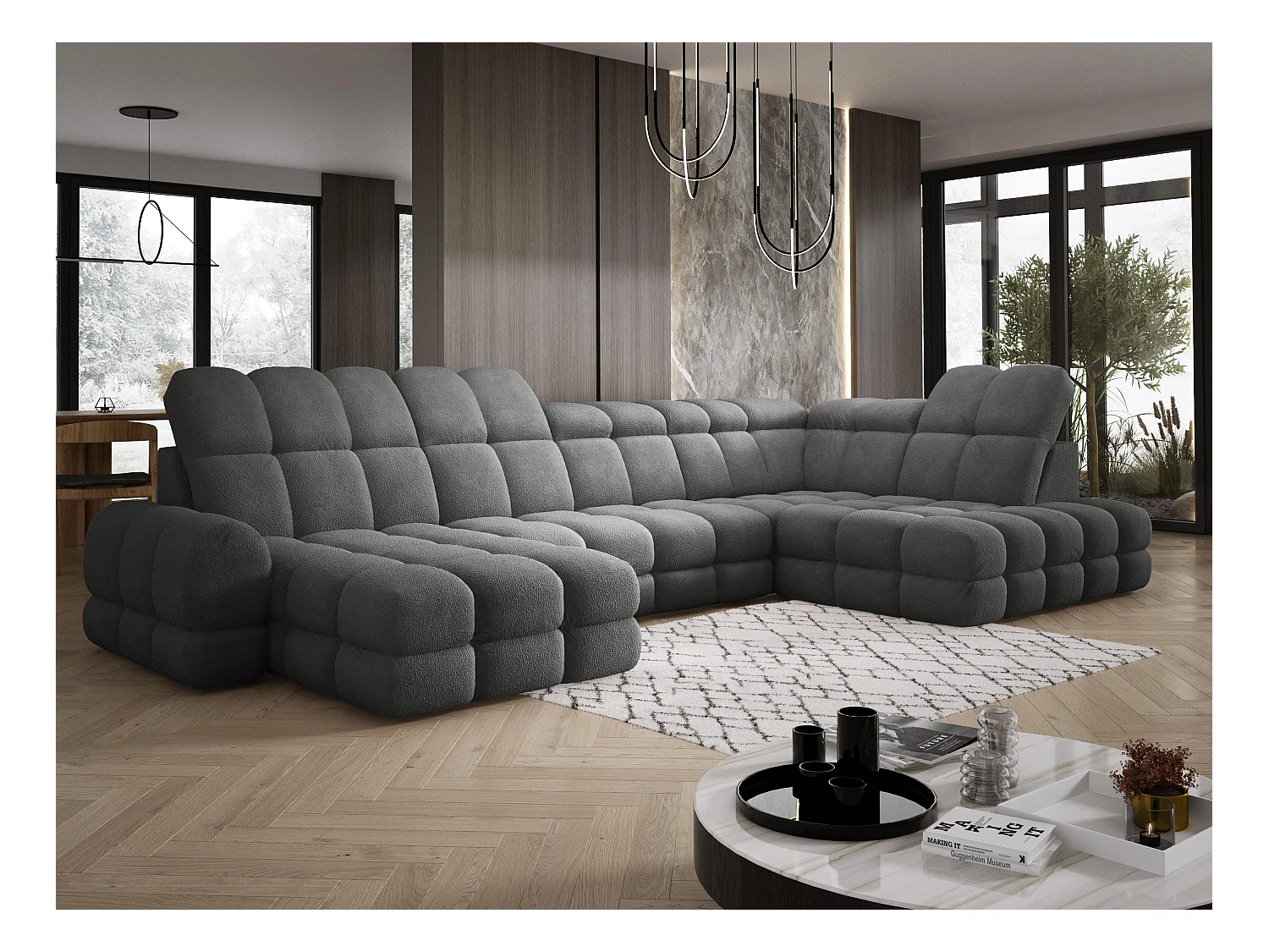 Canapé d’Angle Tollo Graphite Tissu Anthology Côté Droit 400x217x105 cm, Forme U, Convertible, Coffre 120x85x17 cm, Réglable Électrique