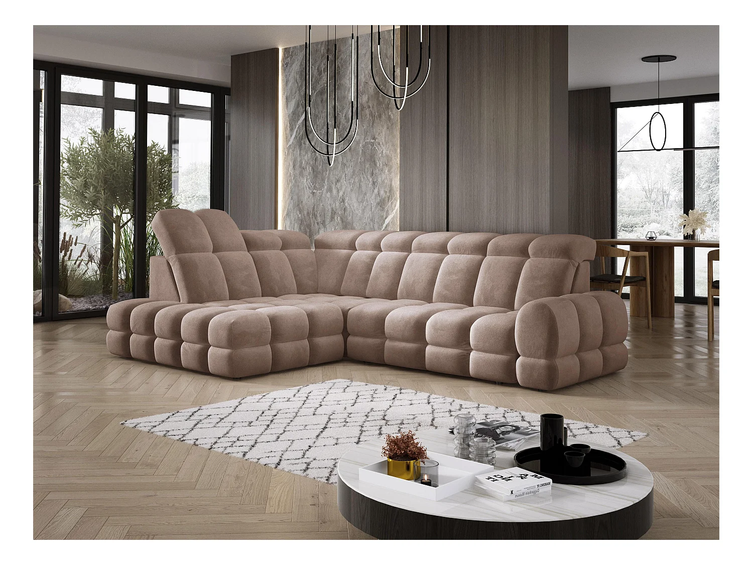 Narożnik Tollo Brąz Salvador-Tkanina Lewa 302x217x105 cm, Sofa L z funkcją spania, pojemnik 120x85x17 cm, elektryczna regulacja
