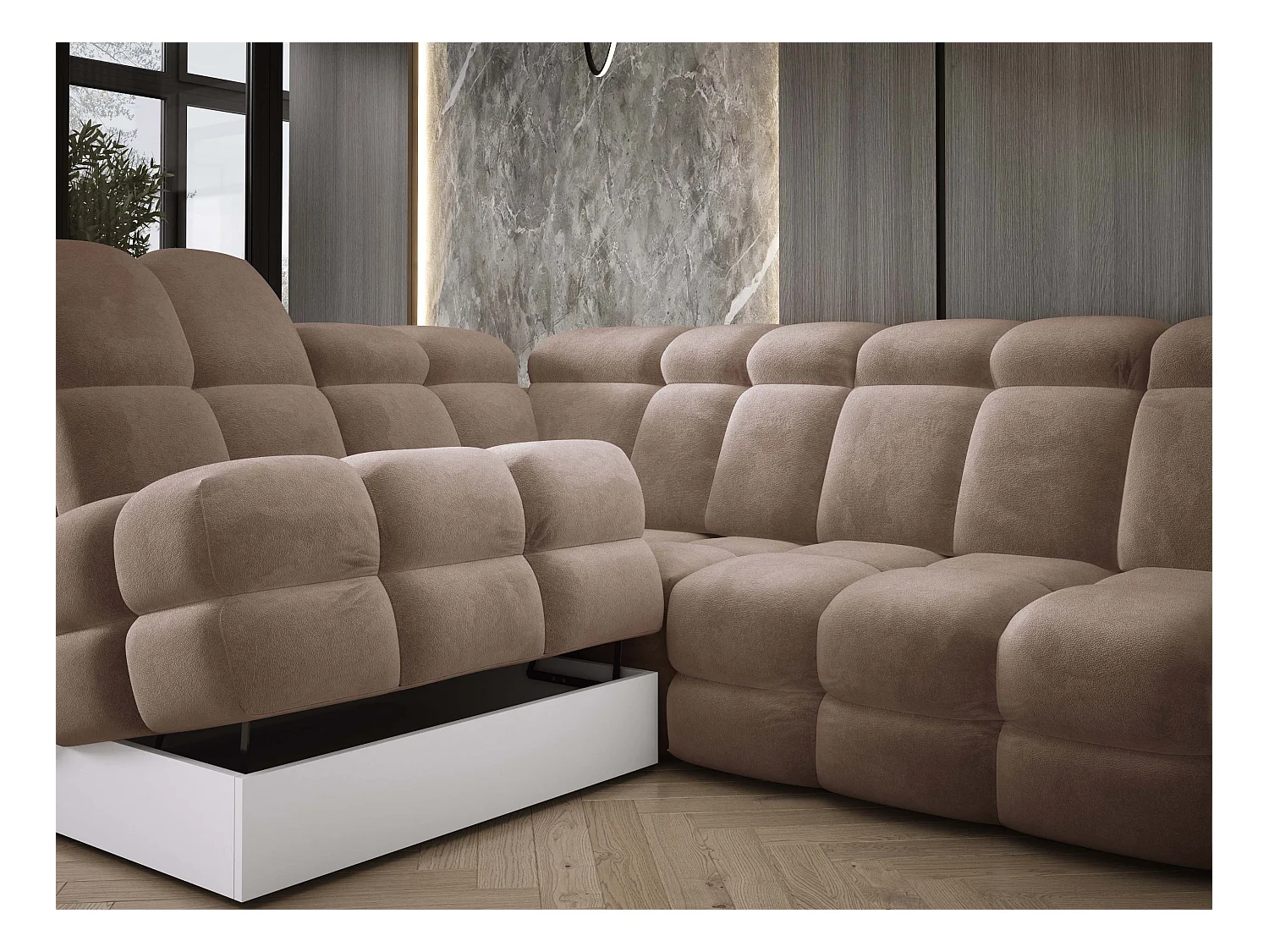 Narożnik Tollo Brąz Salvador-Tkanina Lewa 302x217x105 cm, Sofa L z funkcją spania, pojemnik 120x85x17 cm, elektryczna regulacja