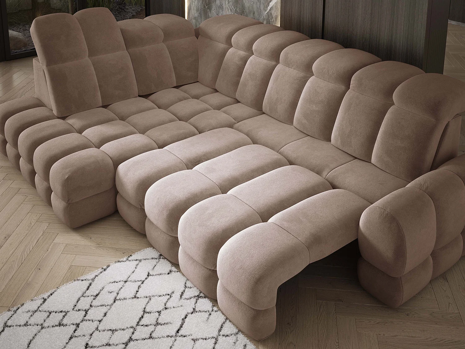 Canapé d'angle Tollo Marron tissu Salvador côté gauche 302x217x105 cm, forme L, convertible, coffre 120x85x17 cm, réglage électrique