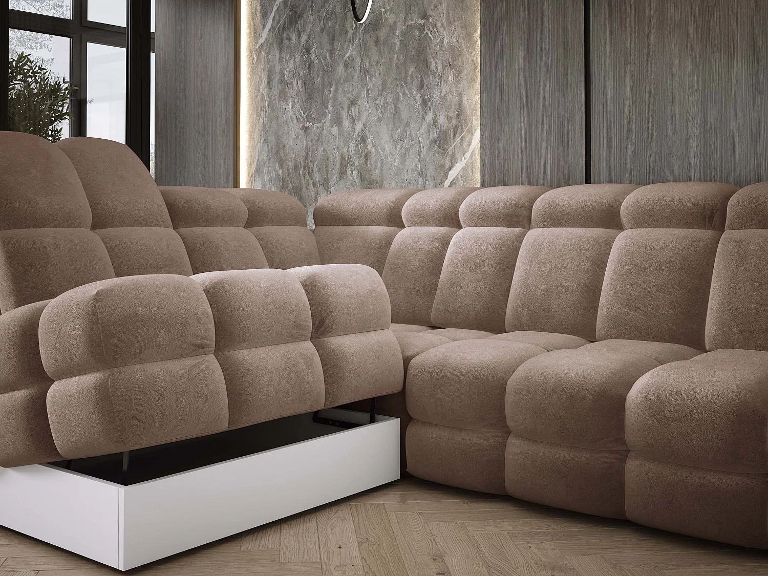 Canapé d'angle Tollo Marron tissu Salvador côté gauche 302x217x105 cm, forme L, convertible, coffre 120x85x17 cm, réglage électrique