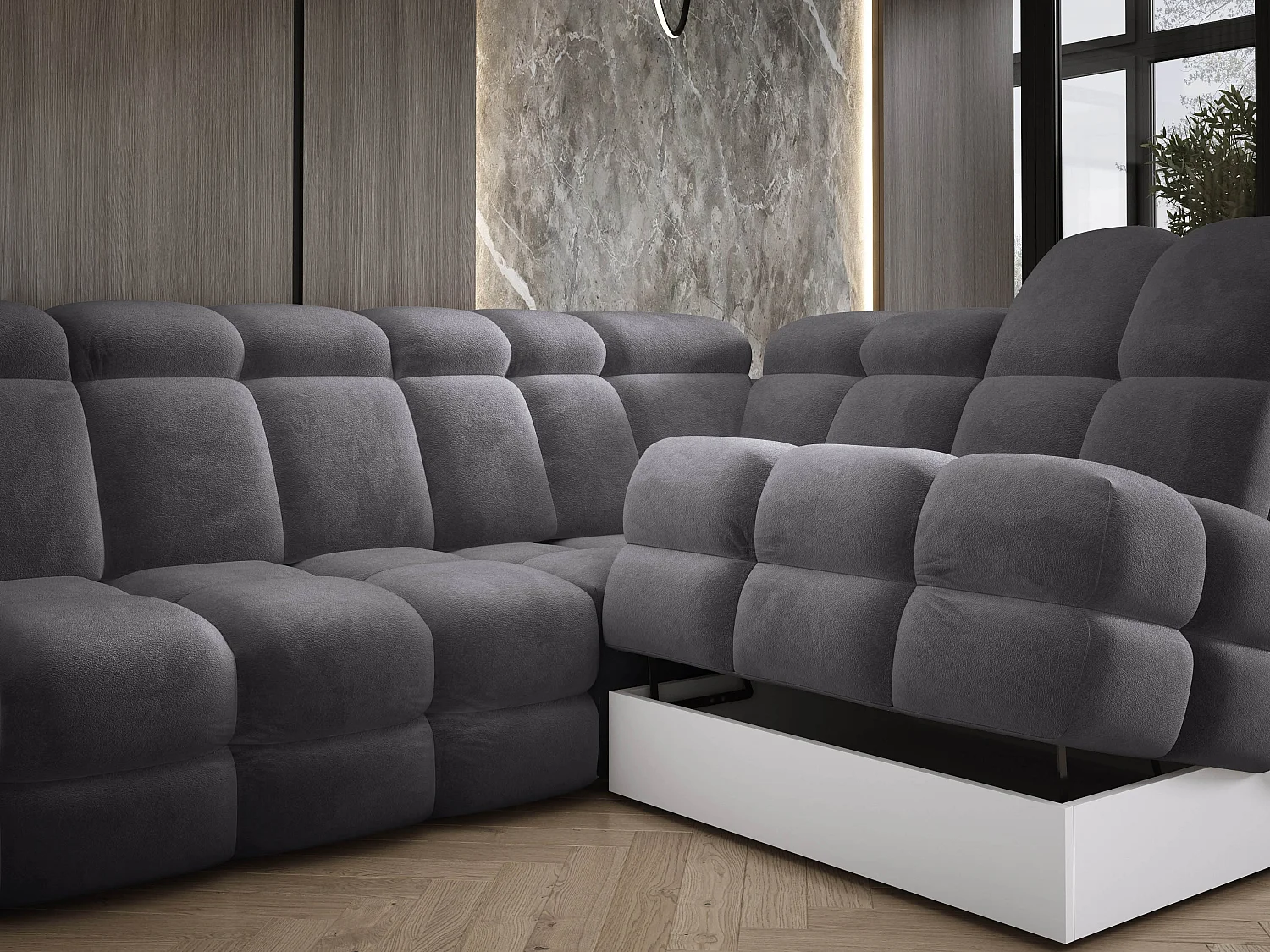 Narożnik Tollo w układzie U Prawostronny 400x217x105 cm, funkcja spania regulowany elektrycznie kolor Antracytowy Tkanina - SALVADOR