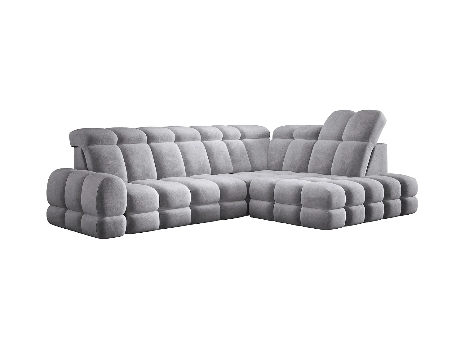 Canapé d'angle Tollo Gris tissu Salvador côté droit 302x217x105 cm, forme L, convertible, coffre 120x85x17 cm, réglage électrique