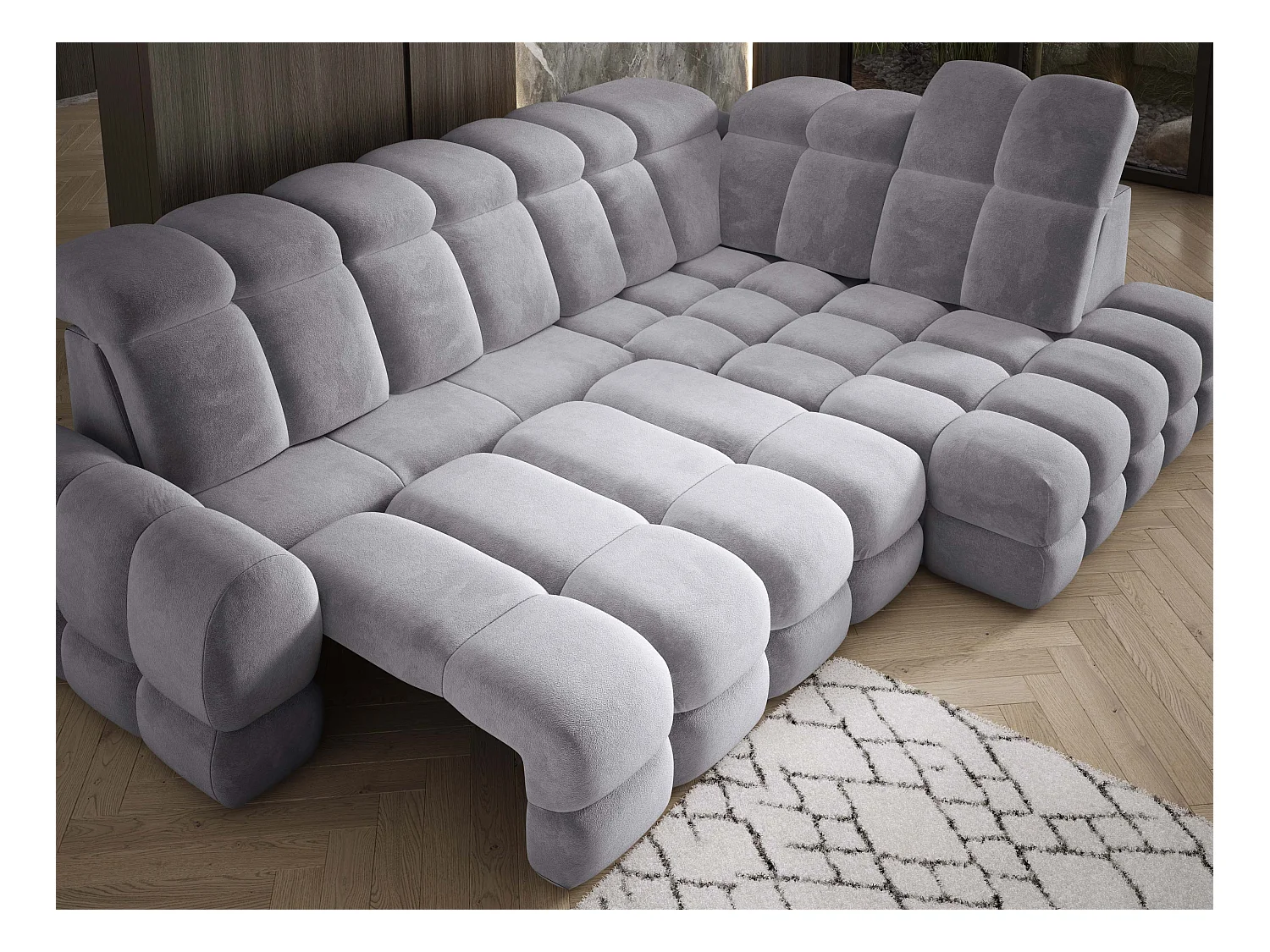 Canapé d'angle Tollo Gris tissu Salvador côté droit 302x217x105 cm, forme L, convertible, coffre 120x85x17 cm, réglage électrique