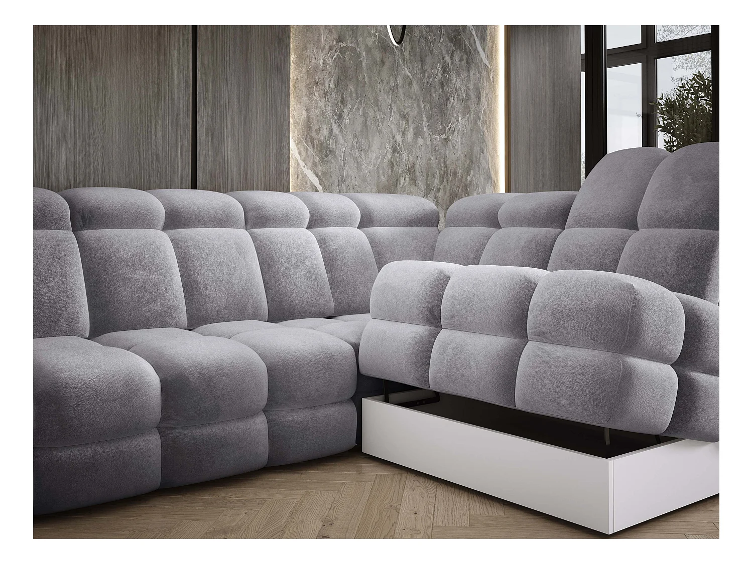 Canapé d'angle Tollo Gris tissu Salvador côté droit 302x217x105 cm, forme L, convertible, coffre 120x85x17 cm, réglage électrique