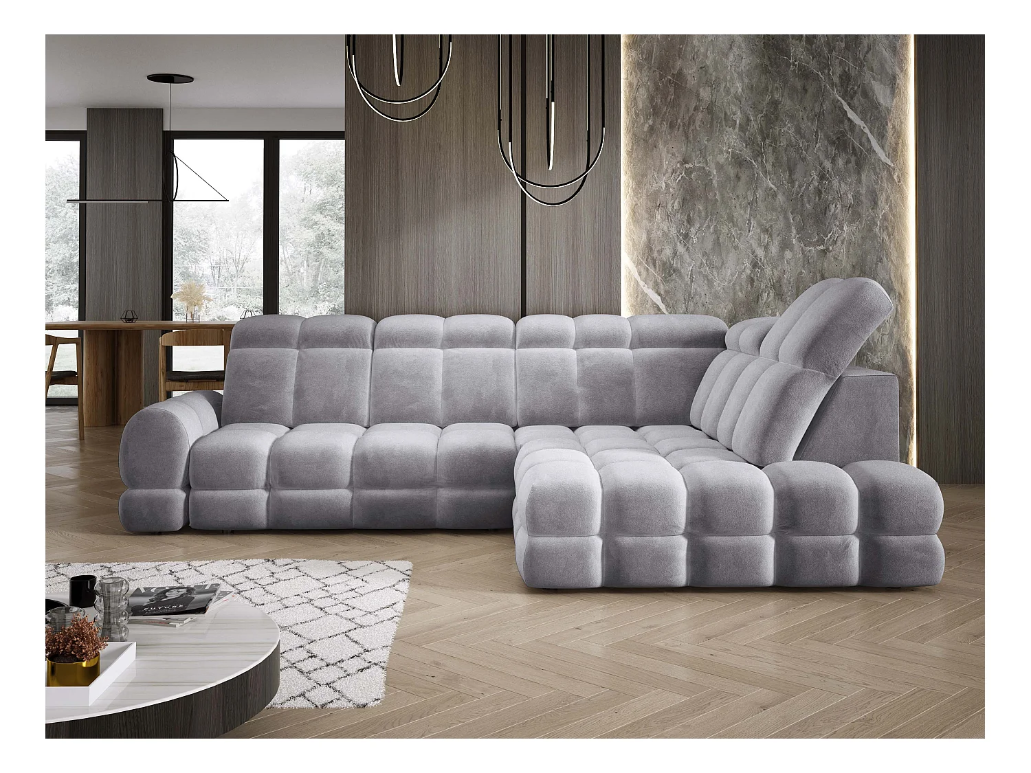 Canapé d'angle Tollo Gris tissu Salvador côté droit 302x217x105 cm, forme L, convertible, coffre 120x85x17 cm, réglage électrique