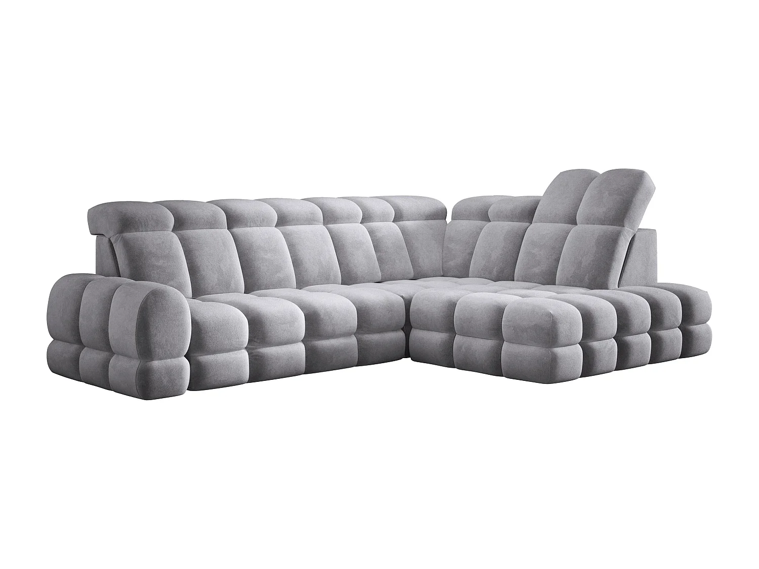 Canapé d'angle Tollo Gris tissu Salvador côté droit 302x217x105 cm, forme L, convertible, coffre 120x85x17 cm, réglage électrique