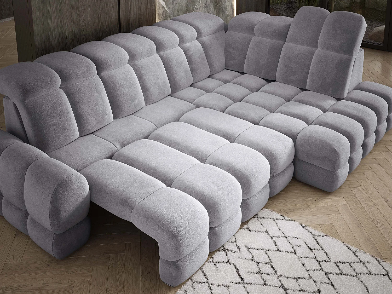 Canapé d'angle Tollo Gris tissu Salvador côté droit 302x217x105 cm, forme L, convertible, coffre 120x85x17 cm, réglage électrique