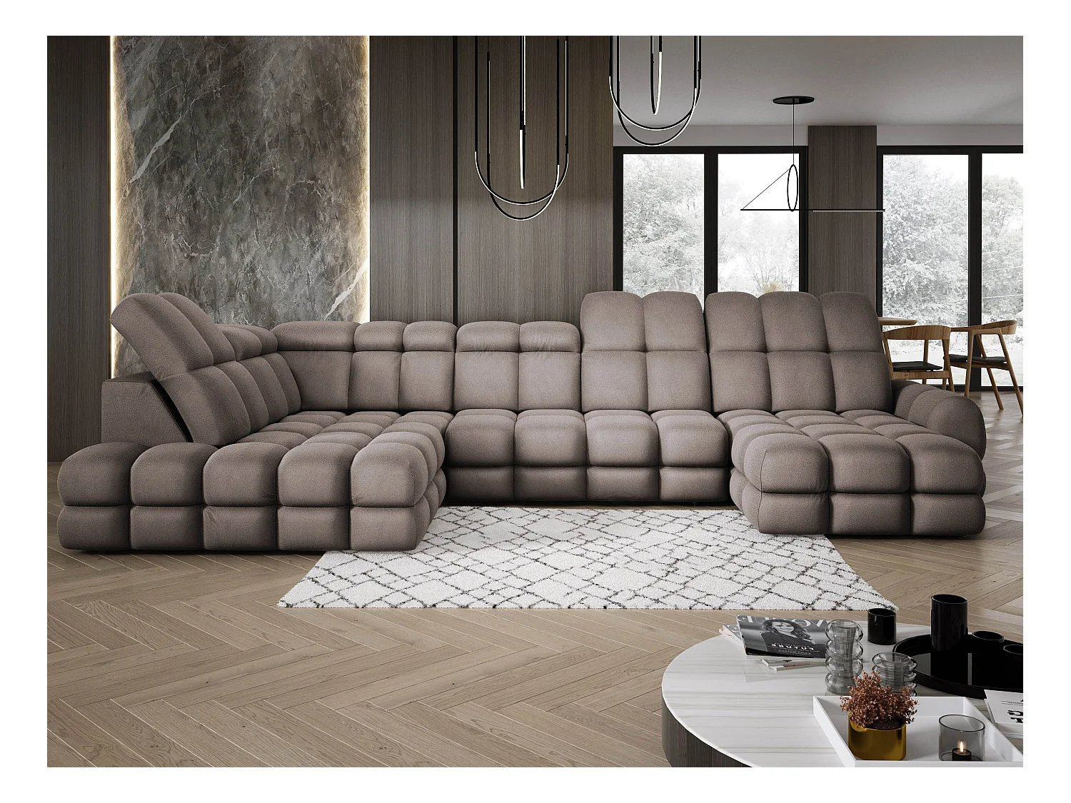 Ecksofa Tollo Schokolade Solar-Stoff Links 400x217x105 cm, U-Form, Schlaffunktion, Bettkasten 120x85x17 cm, elektrisch verstellbar