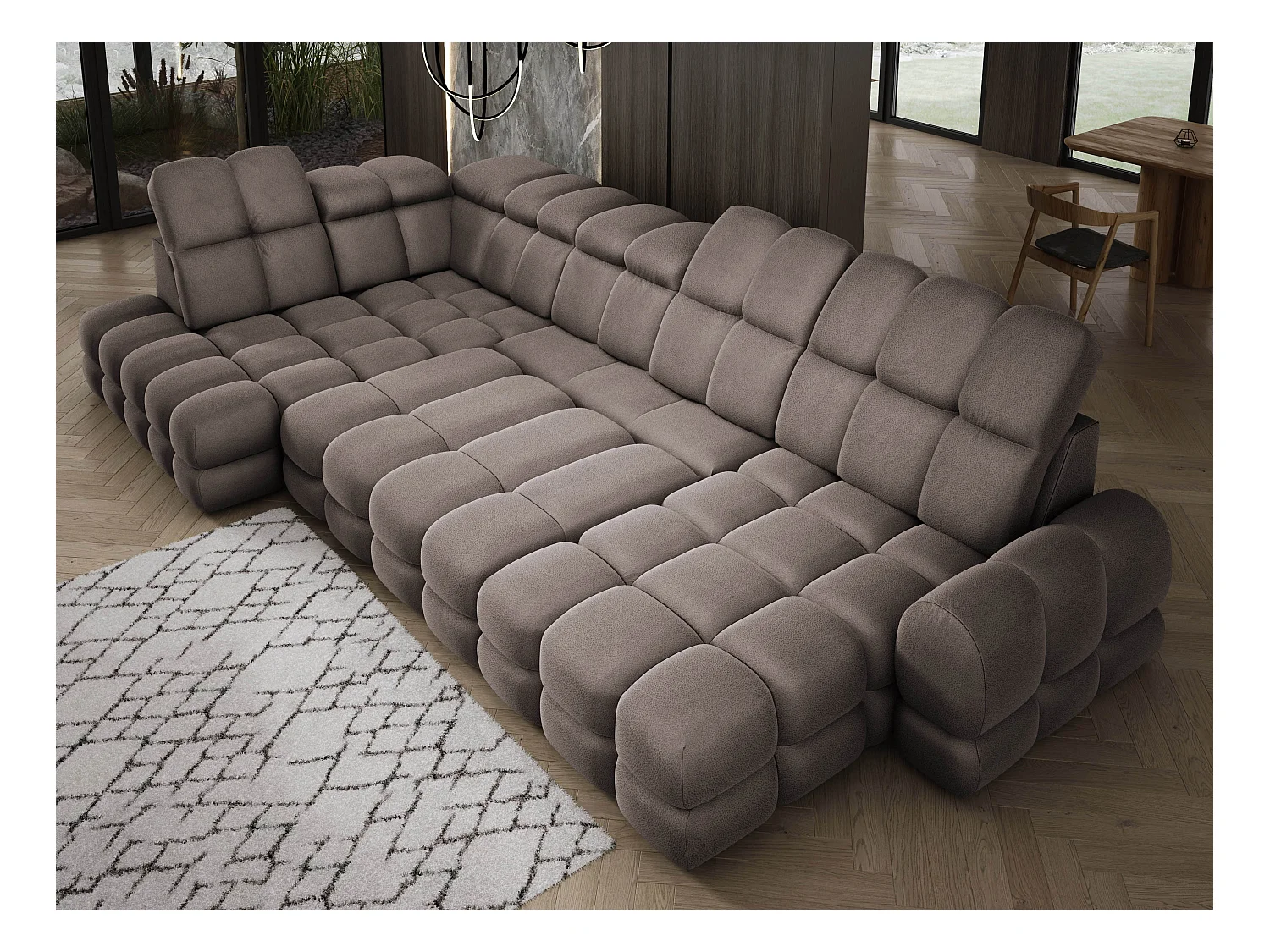 Ecksofa Tollo Schokolade Solar-Stoff Links 400x217x105 cm, U-Form, Schlaffunktion, Bettkasten 120x85x17 cm, elektrisch verstellbar