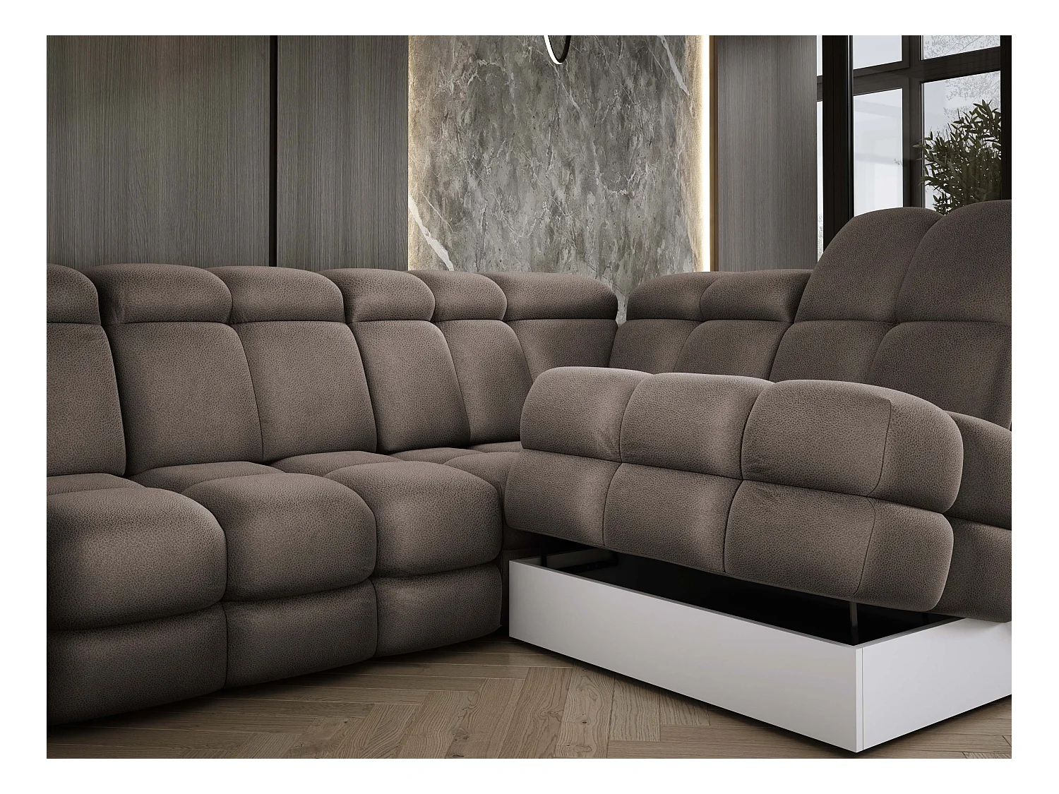 Ecksofa Tollo Schokolade Solar-Stoff Links 400x217x105 cm, U-Form, Schlaffunktion, Bettkasten 120x85x17 cm, elektrisch verstellbar