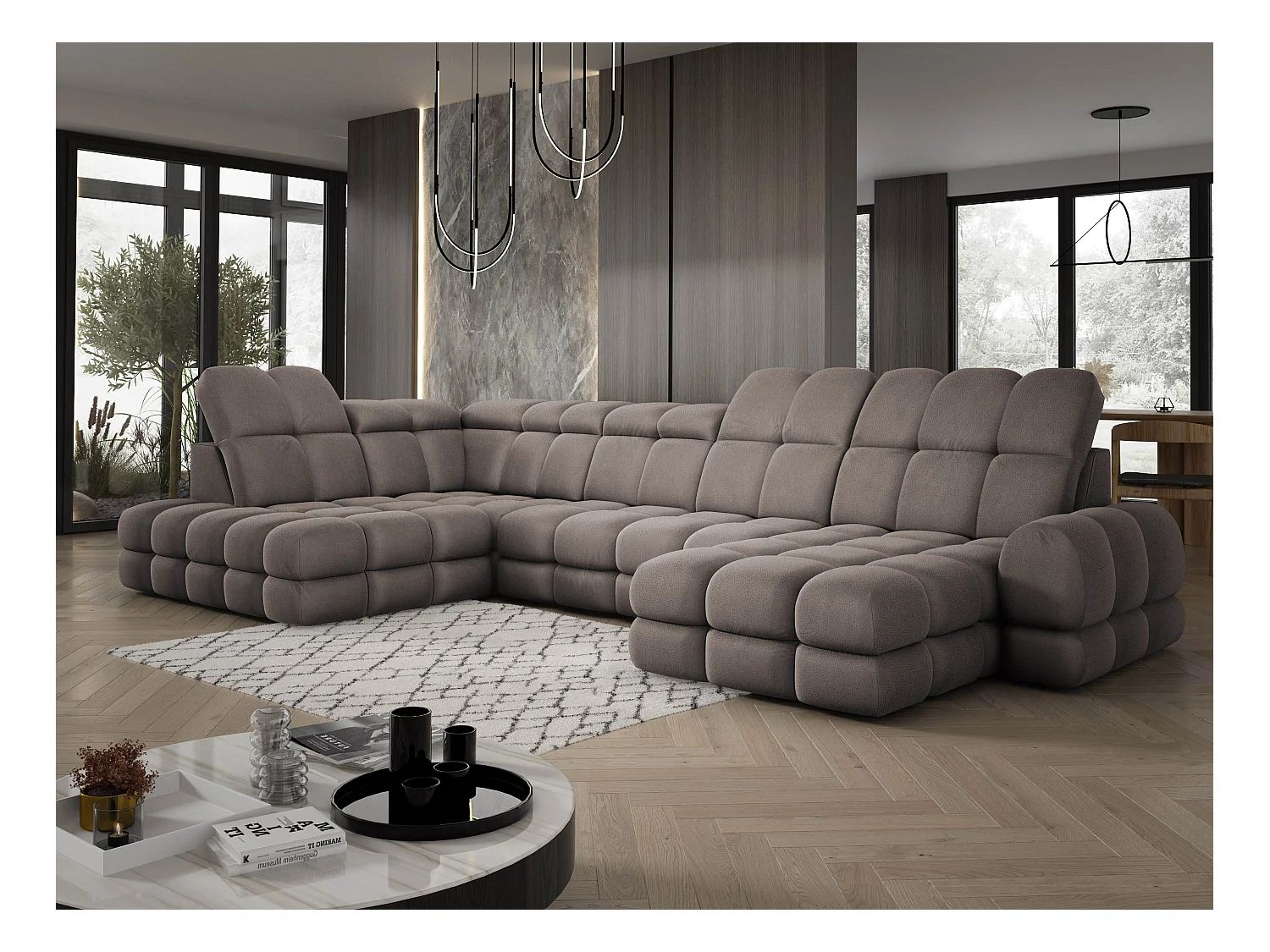 Ecksofa Tollo Schokolade Solar-Stoff Links 400x217x105 cm, U-Form, Schlaffunktion, Bettkasten 120x85x17 cm, elektrisch verstellbar