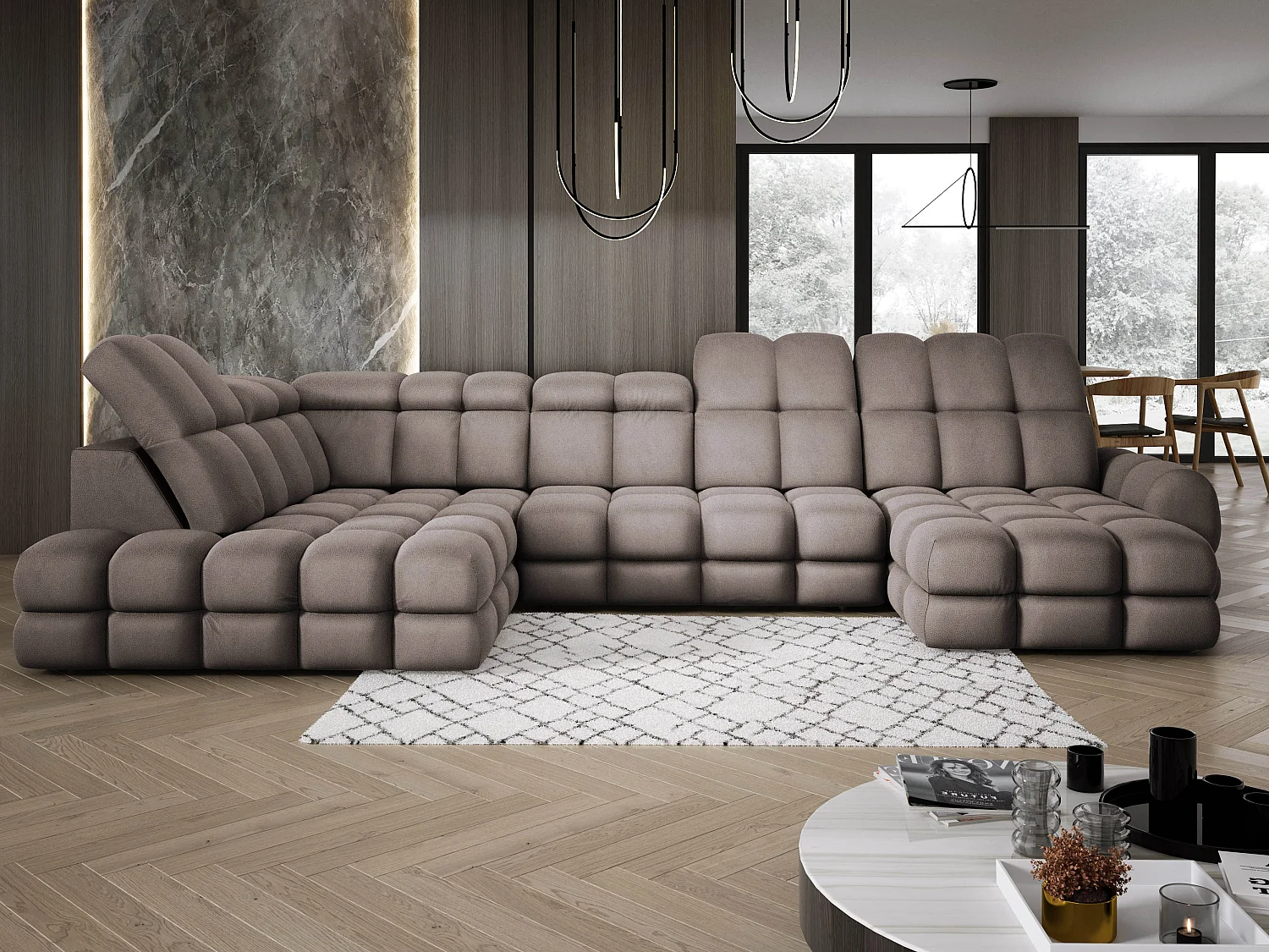 Canapé d’angle Tollo Chocolat tissu Solar côté gauche 400x217x105 cm, U-Form avec couchage, coffre 120x85x17 cm, réglable électriquement