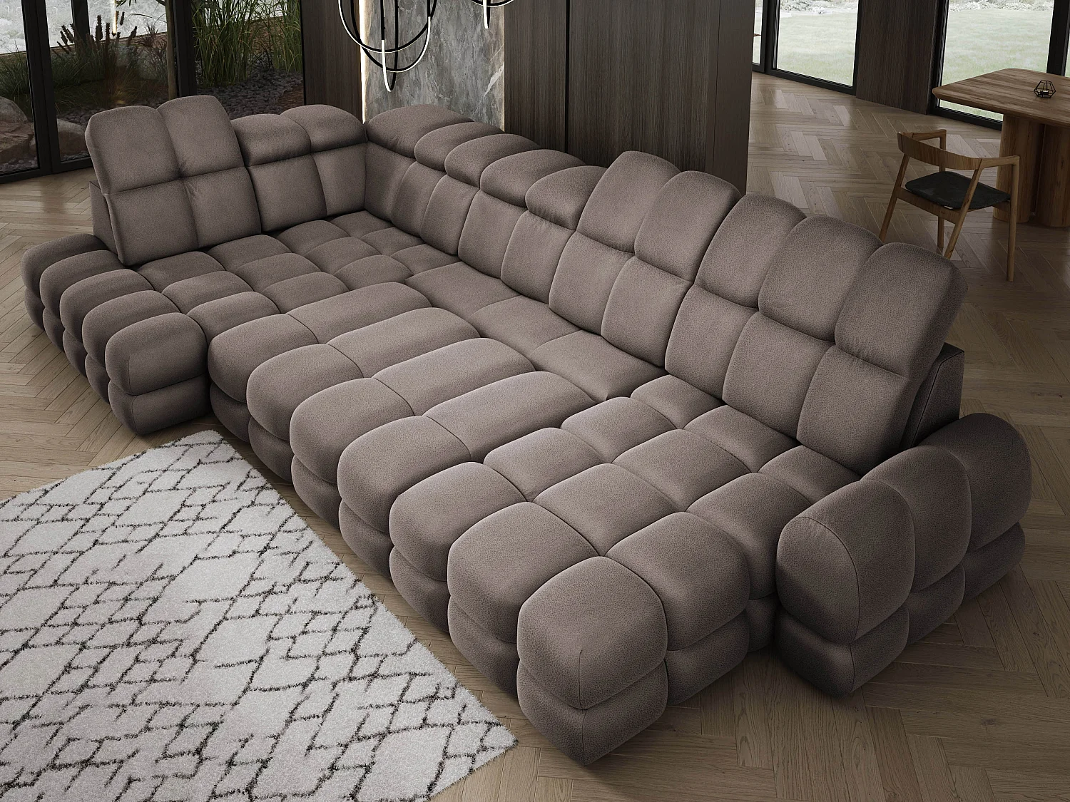 Canapé d’angle Tollo Chocolat tissu Solar côté gauche 400x217x105 cm, U-Form avec couchage, coffre 120x85x17 cm, réglable électriquement