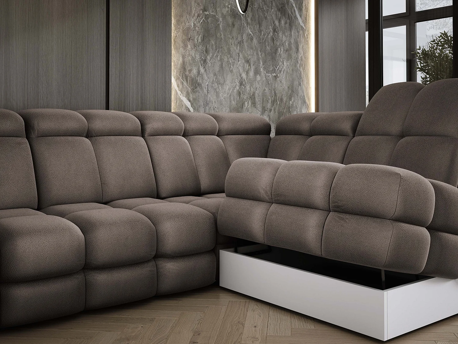 Canapé d’angle Tollo Chocolat tissu Solar côté gauche 400x217x105 cm, U-Form avec couchage, coffre 120x85x17 cm, réglable électriquement