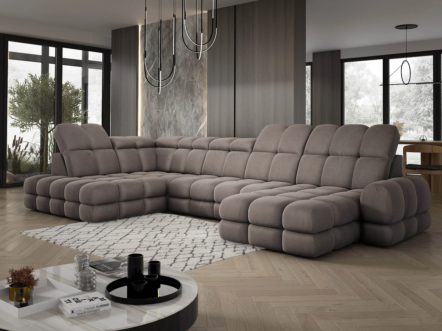 Canapé d’angle Tollo Chocolat tissu Solar côté gauche 400x217x105 cm, U-Form avec couchage, coffre 120x85x17 cm, réglable électriquement