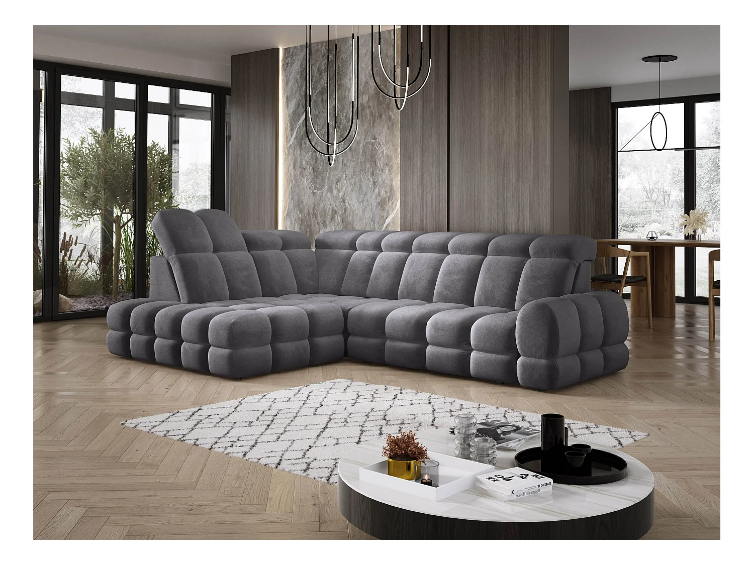 Canapé d'angle Tollo Anthracite tissu Salvador côté gauche 302x217x105 cm, forme L, convertible, coffre 120x85x17 cm, réglage électrique