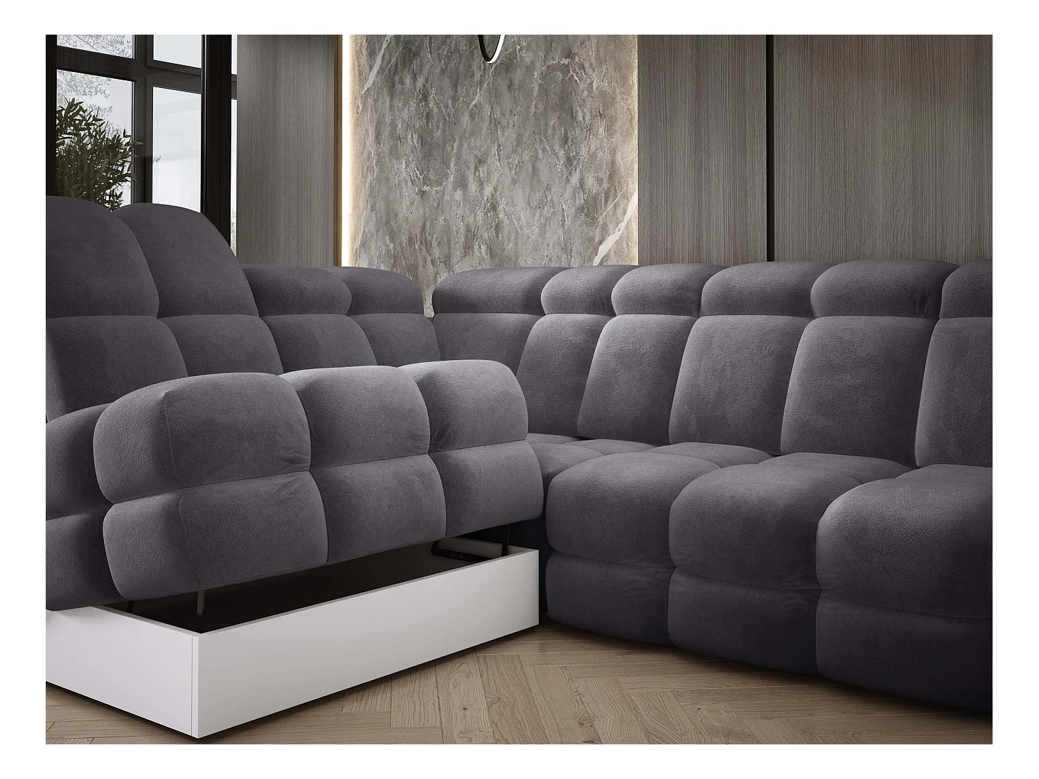 Canapé d'angle Tollo Anthracite tissu Salvador côté gauche 302x217x105 cm, forme L, convertible, coffre 120x85x17 cm, réglage électrique