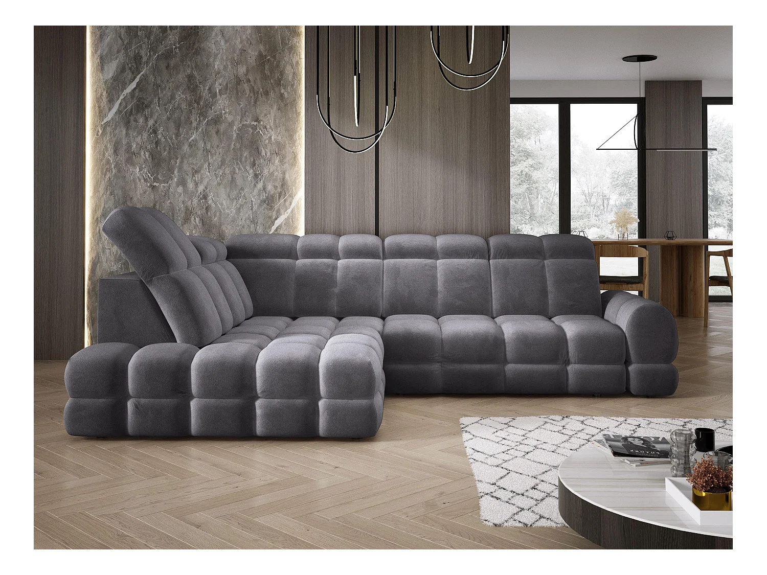 Canapé d'angle Tollo Anthracite tissu Salvador côté gauche 302x217x105 cm, forme L, convertible, coffre 120x85x17 cm, réglage électrique