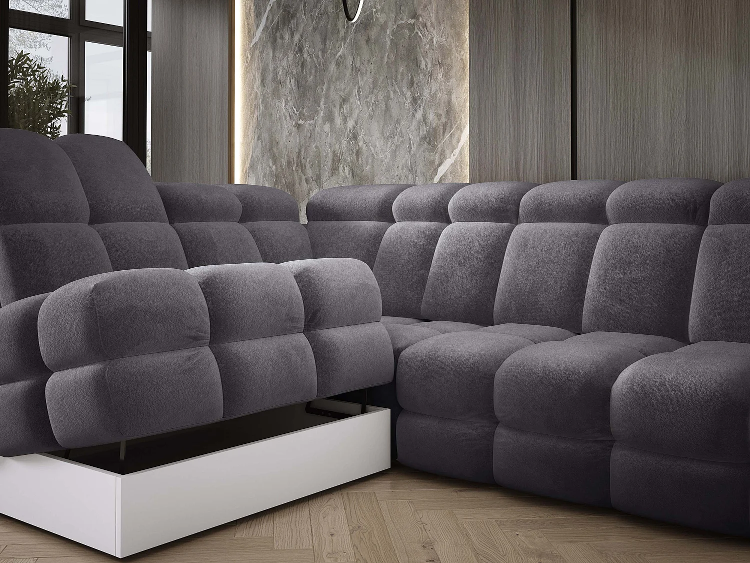 Canapé d'angle Tollo Anthracite tissu Salvador côté gauche 302x217x105 cm, forme L, convertible, coffre 120x85x17 cm, réglage électrique