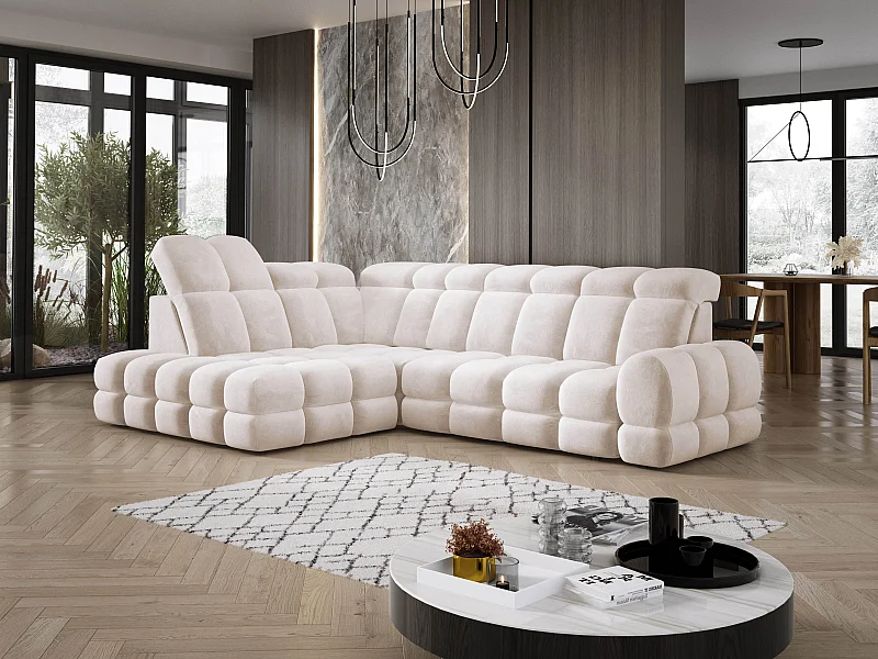 Ecksofa Tollo Creme Salvador-Stoff links 302x217x105 cm, L-Form, Schlaffunktion, Bettkasten 120x85x17 cm, elektrisch verstellbar
