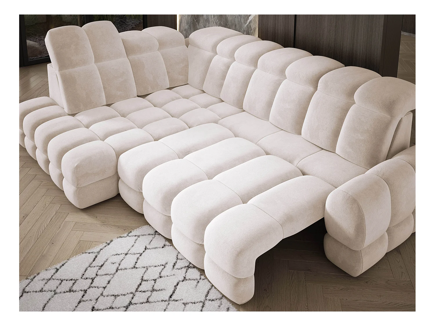 Narożnik Tollo Krem Salvador-Tkanina Lewa 302x217x105 cm, Sofa L z funkcją spania, pojemnik 120x85x17 cm, elektryczna regulacja