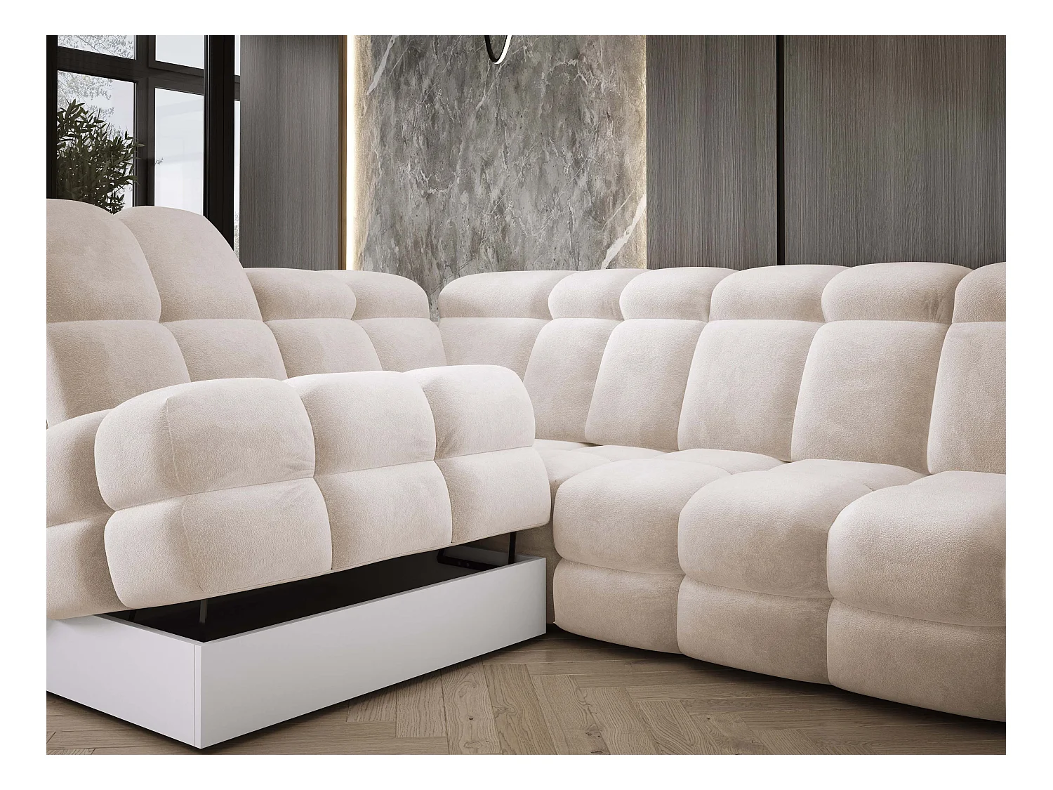 Narożnik Tollo Krem Salvador-Tkanina Lewa 302x217x105 cm, Sofa L z funkcją spania, pojemnik 120x85x17 cm, elektryczna regulacja