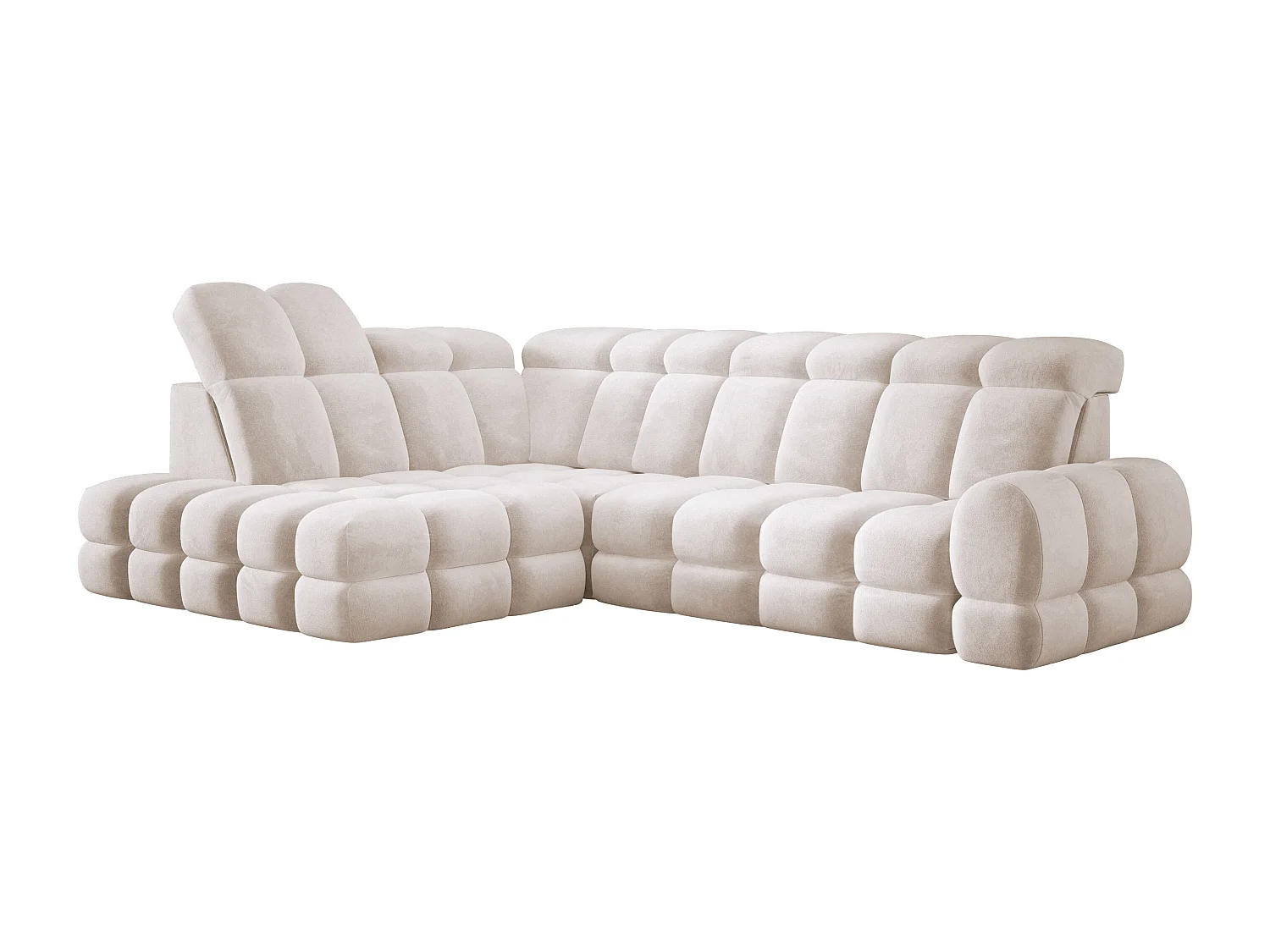 Canapé d'angle Tollo Crème tissu Salvador côté gauche 302x217x105 cm, forme L, convertible, coffre 120x85x17 cm, réglage électrique