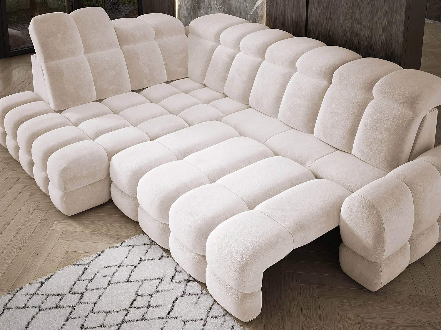 Canapé d'angle Tollo Crème tissu Salvador côté gauche 302x217x105 cm, forme L, convertible, coffre 120x85x17 cm, réglage électrique