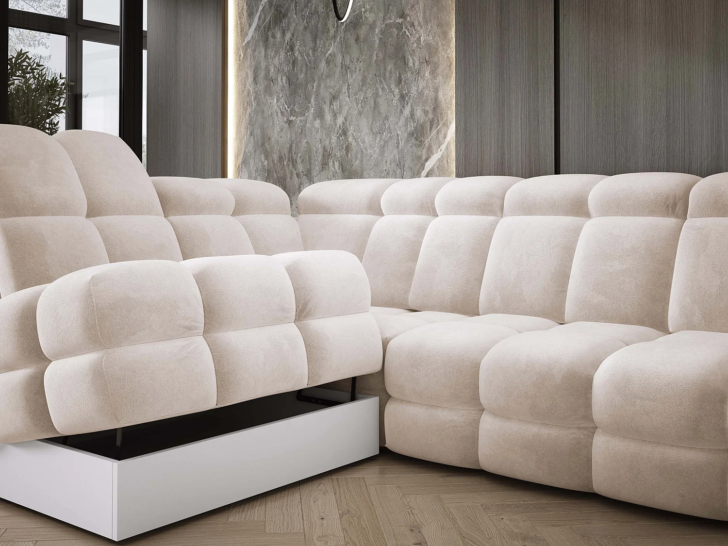 Canapé d'angle Tollo Crème tissu Salvador côté gauche 302x217x105 cm, forme L, convertible, coffre 120x85x17 cm, réglage électrique