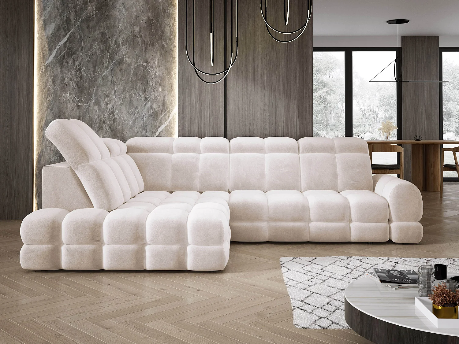 Canapé d'angle Tollo Crème tissu Salvador côté gauche 302x217x105 cm, forme L, convertible, coffre 120x85x17 cm, réglage électrique