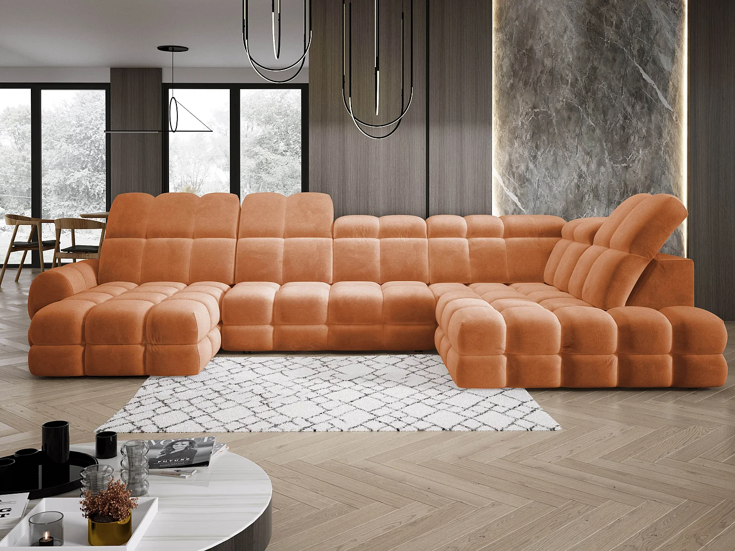 Canapé d’angle Tollo Orange tissu Salvador côté droit 400x217x105 cm, U-Form avec couchage, coffre 120x85x17 cm, réglable électriquement