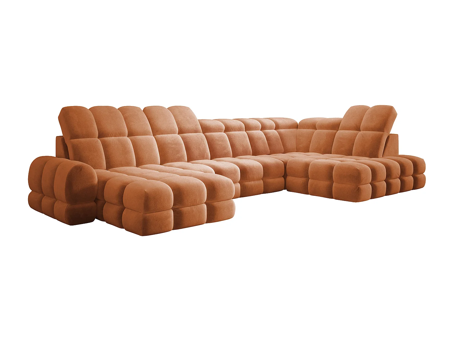 Canapé d’angle Tollo Orange tissu Salvador côté droit 400x217x105 cm, U-Form avec couchage, coffre 120x85x17 cm, réglable électriquement
