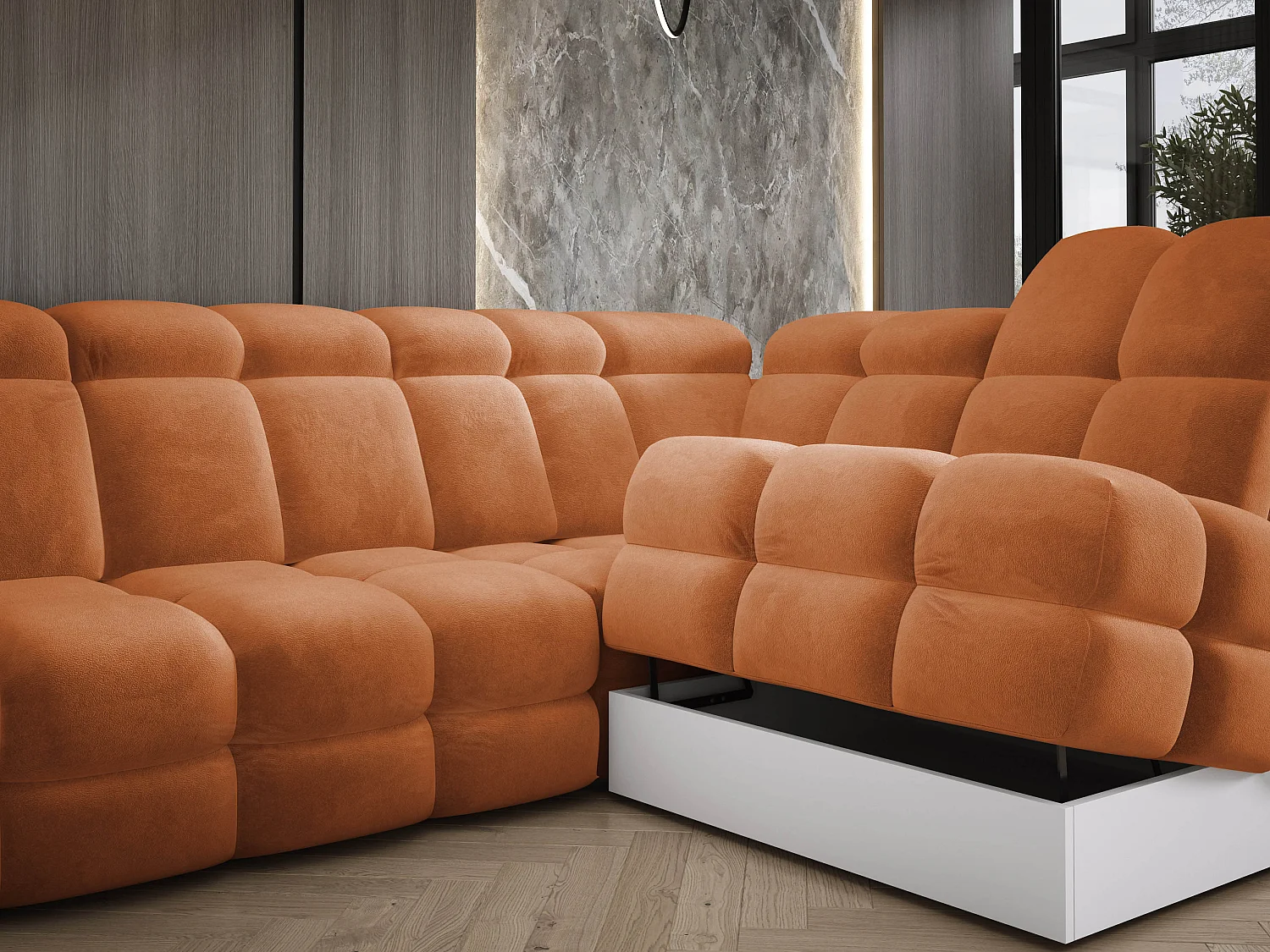 Canapé d’angle Tollo Orange tissu Salvador côté droit 400x217x105 cm, U-Form avec couchage, coffre 120x85x17 cm, réglable électriquement