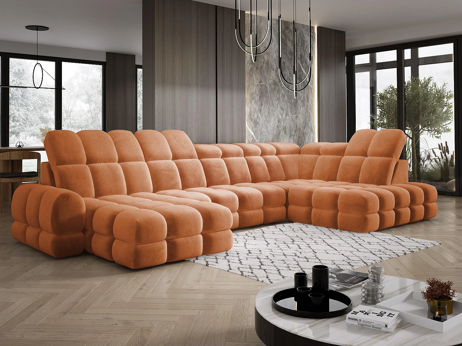 Canapé d’angle Tollo Orange tissu Salvador côté droit 400x217x105 cm, U-Form avec couchage, coffre 120x85x17 cm, réglable électriquement