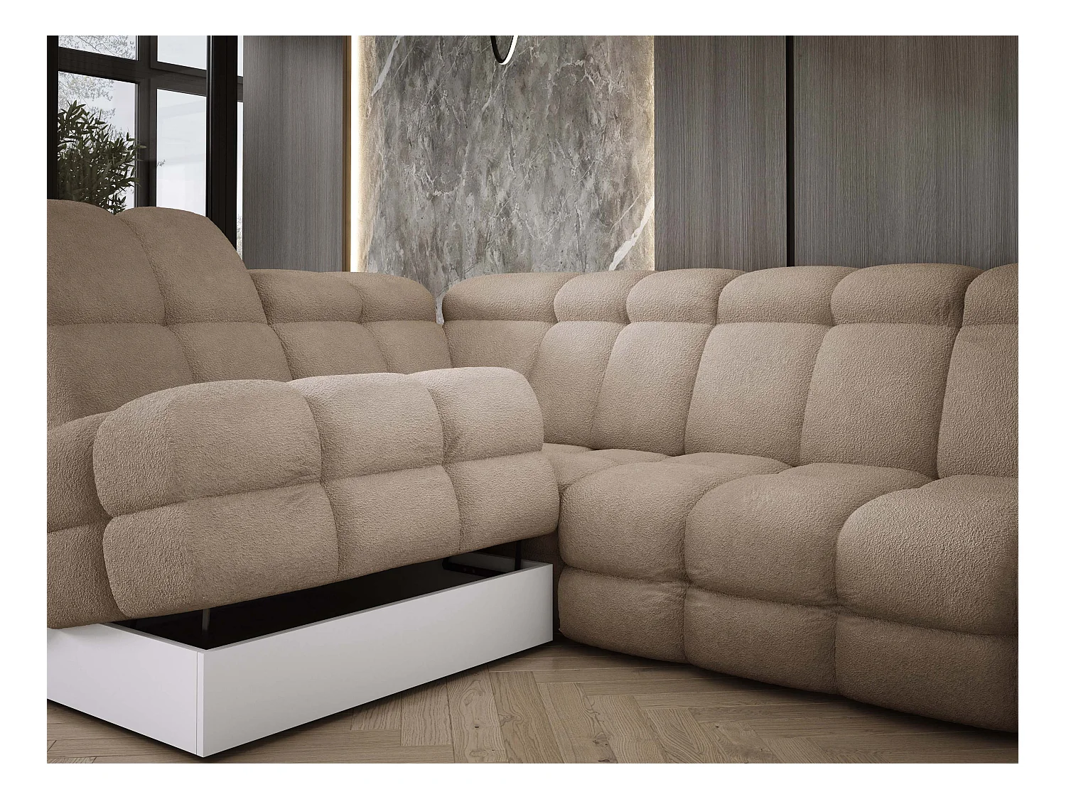 Narożnik Tollo Beżowy Anthology, Lewa 302x217x105 cm, L-kształtny, Spanie, Pojemnik 120x85x17 cm, Elektryczna Regulacja