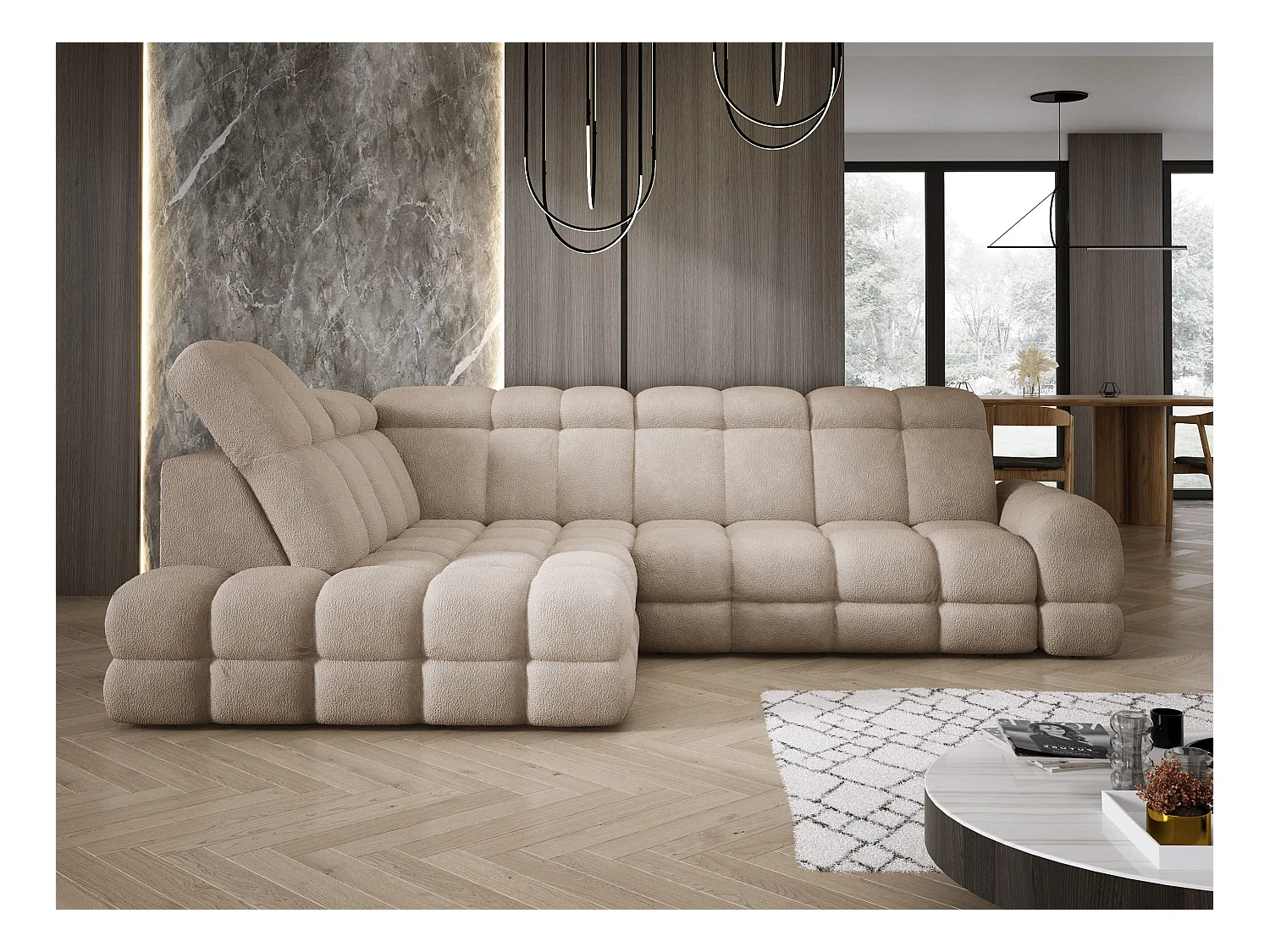 Narożnik Tollo Beżowy Anthology, Lewa 302x217x105 cm, L-kształtny, Spanie, Pojemnik 120x85x17 cm, Elektryczna Regulacja