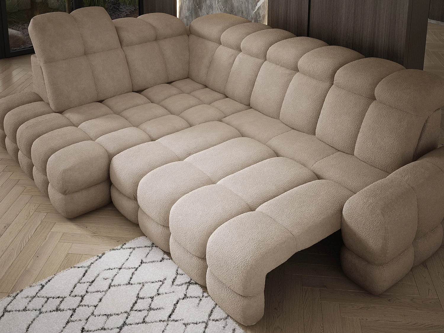 Canapé d'angle Tollo Beige tissu Anthology côté gauche 302x217x105 cm, forme L, convertible, coffre 120x85x17 cm, réglable électriquement