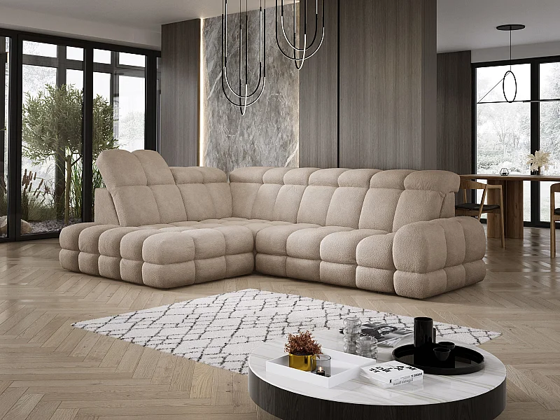 Canapé d'angle Tollo Beige tissu Anthology côté gauche 302x217x105 cm, forme L, convertible, coffre 120x85x17 cm, réglable électriquement