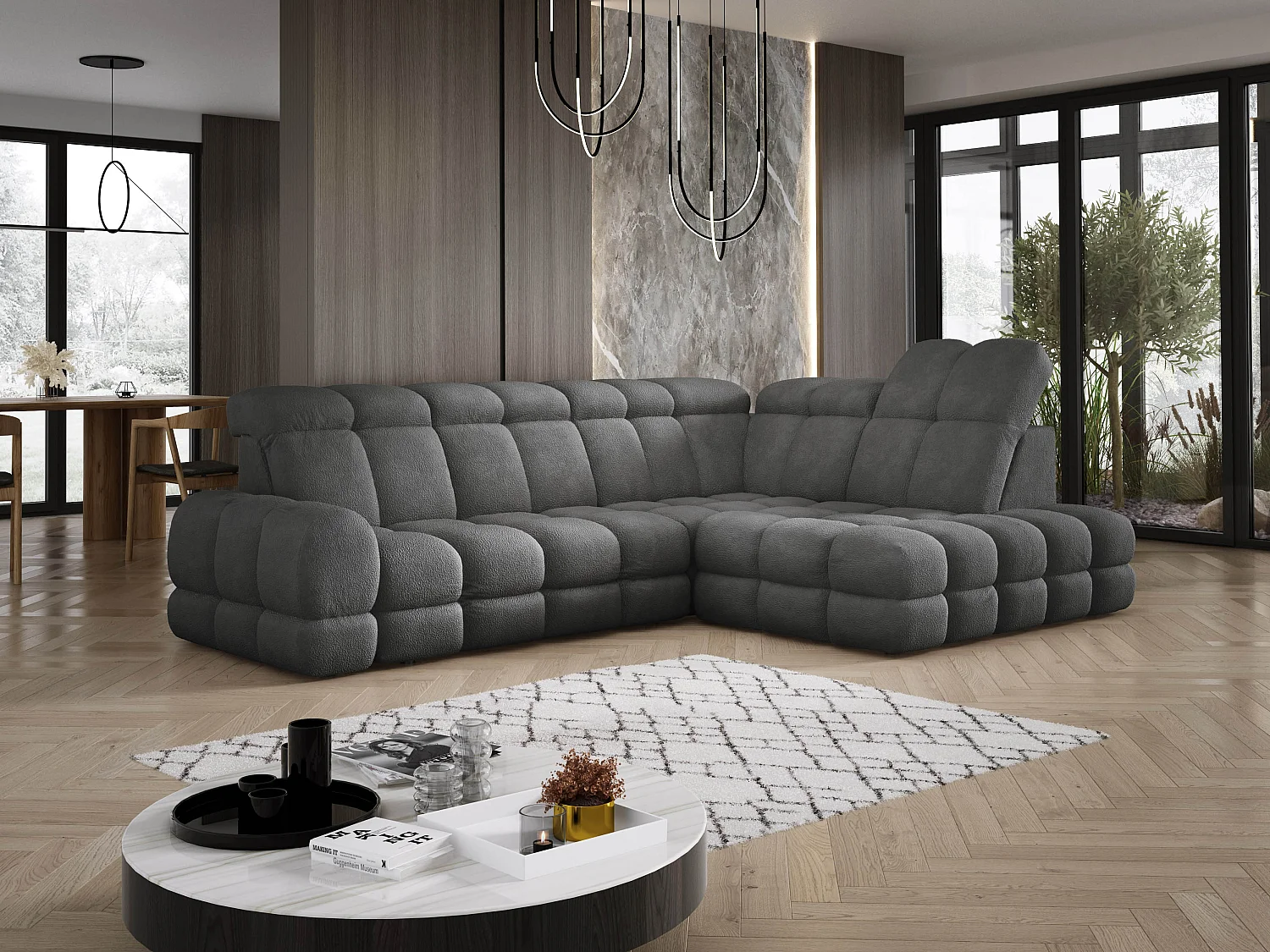 Canapé d'angle Tollo Graphite tissu Anthology côté droit 302x217x105 cm, forme L, convertible, coffre 120x85x17 cm, réglable électriquement