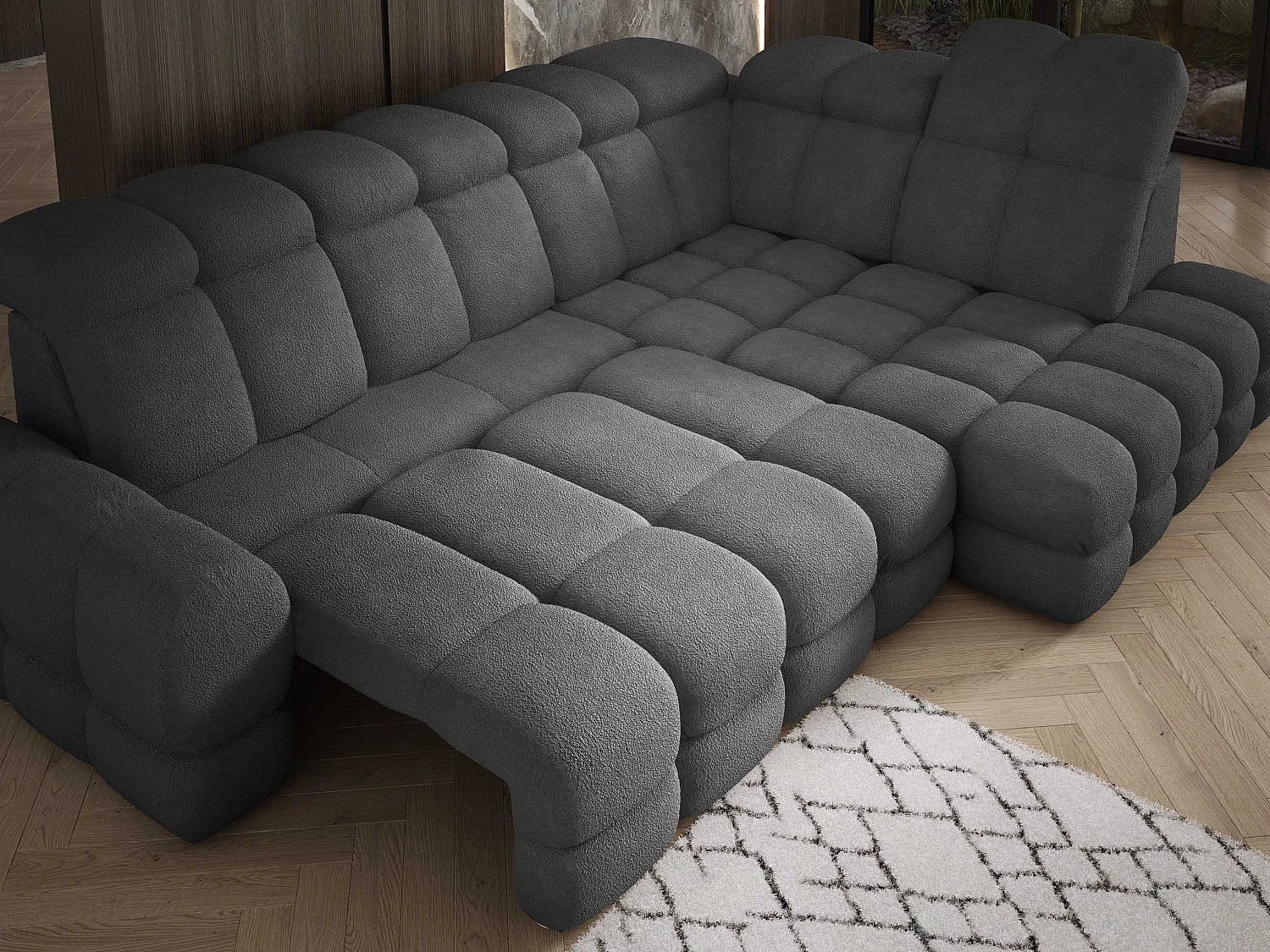 Canapé d'angle Tollo Graphite tissu Anthology côté droit 302x217x105 cm, forme L, convertible, coffre 120x85x17 cm, réglable électriquement